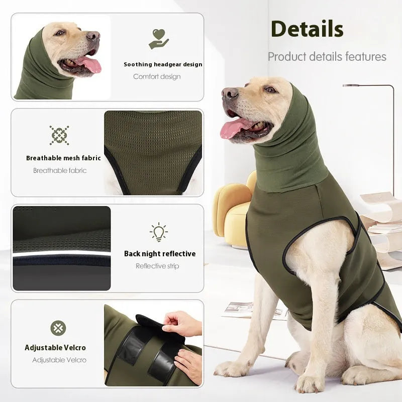 Dog wearing army green calming jacket for anxiety relief