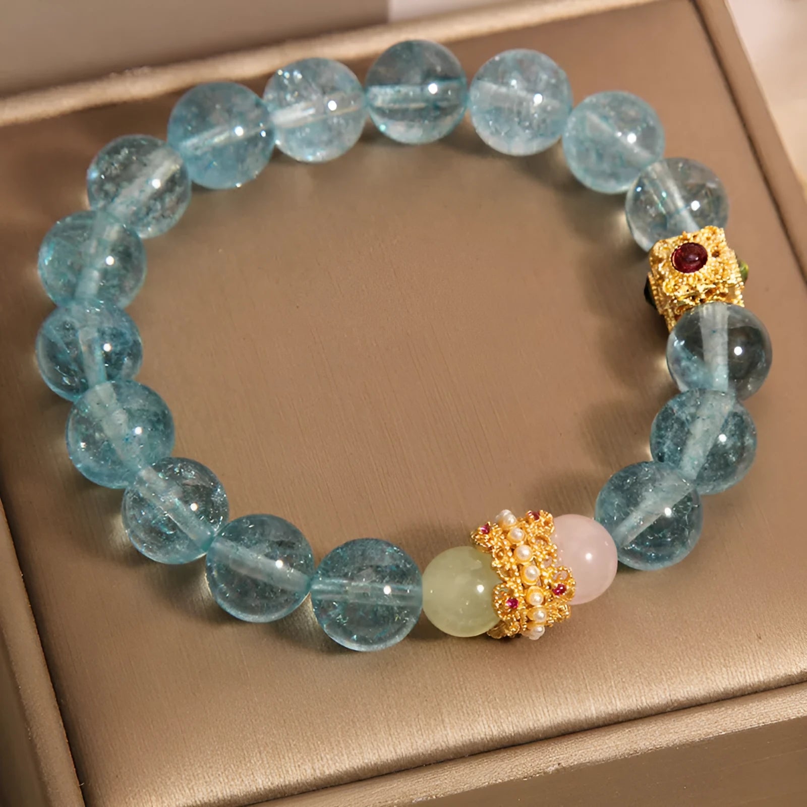 Blue crystal bracelet with Chinese style design featuring cube sugar colourful crystals