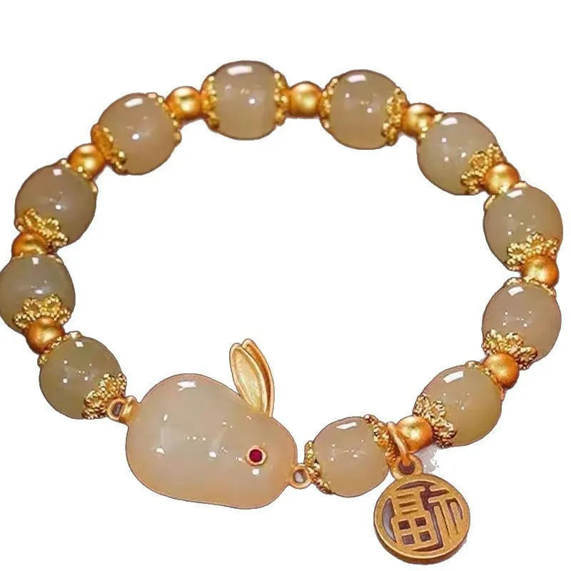 Handmade Chinese national style bracelet with peace buckle clasp and coloured glass rabbit charm