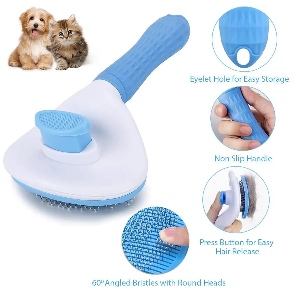 Blue cat grooming brush with a release button on the handle and fine wire bristles.