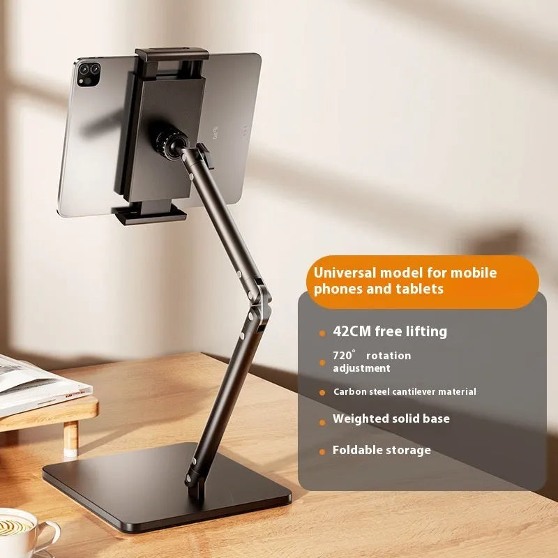 Square double arm alloy desktop bracket holding a mobile phone, with universal adjustment for devices 4-12.9 inches.