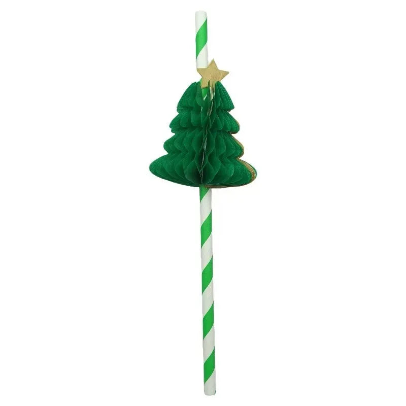 Pack of 50 paper honeycomb Christmas tree straws, each 6x197mm, with three-dimensional tree design for festive drinks