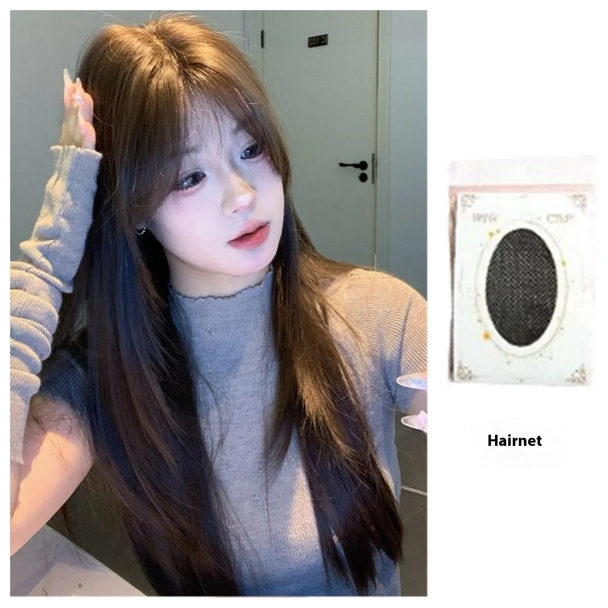 Cold brown straight layered synthetic women's wig with lace front on display