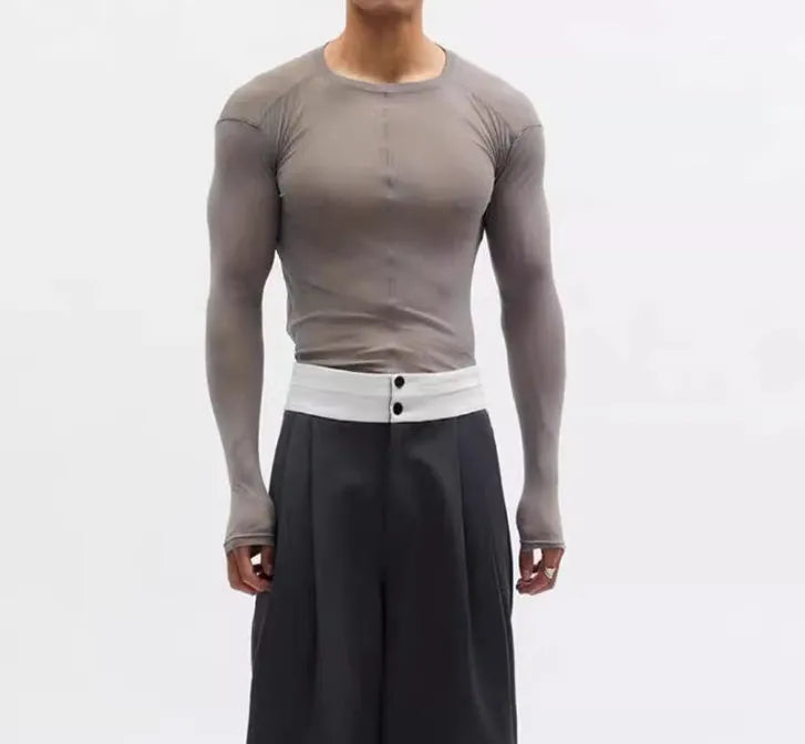 Black mesh see-through slim-fit long sleeve pullover on a hanger.