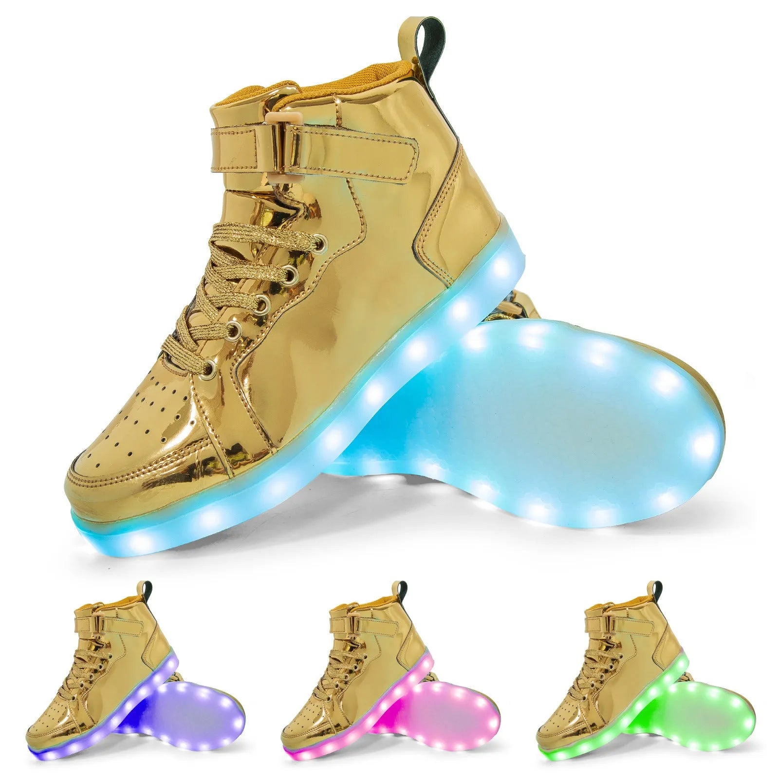 A pair of black high-top LED dancing shoes with Velcro fastening and a lit-up sole.