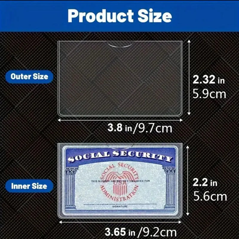Clear transparent PVC ID card holder for social security card, shown with dimensions 9.7cm by 5.9cm.