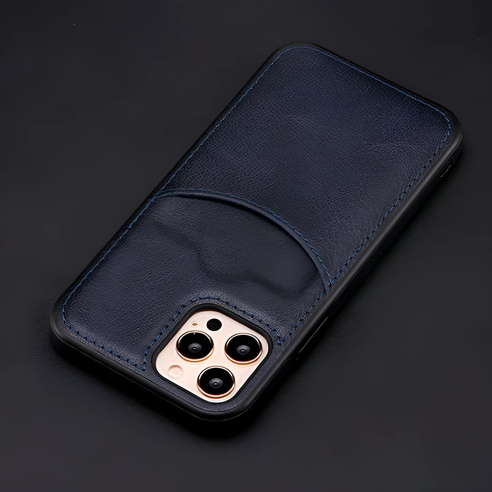 Dark blue PU leather snap-on case for iPhone showing precise cutouts for camera and ports.