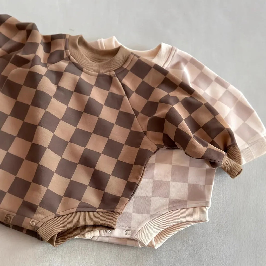 Baby one-piece cotton chessboard plaid pullover jumpsuit in brown plaid, long sleeve, unisex