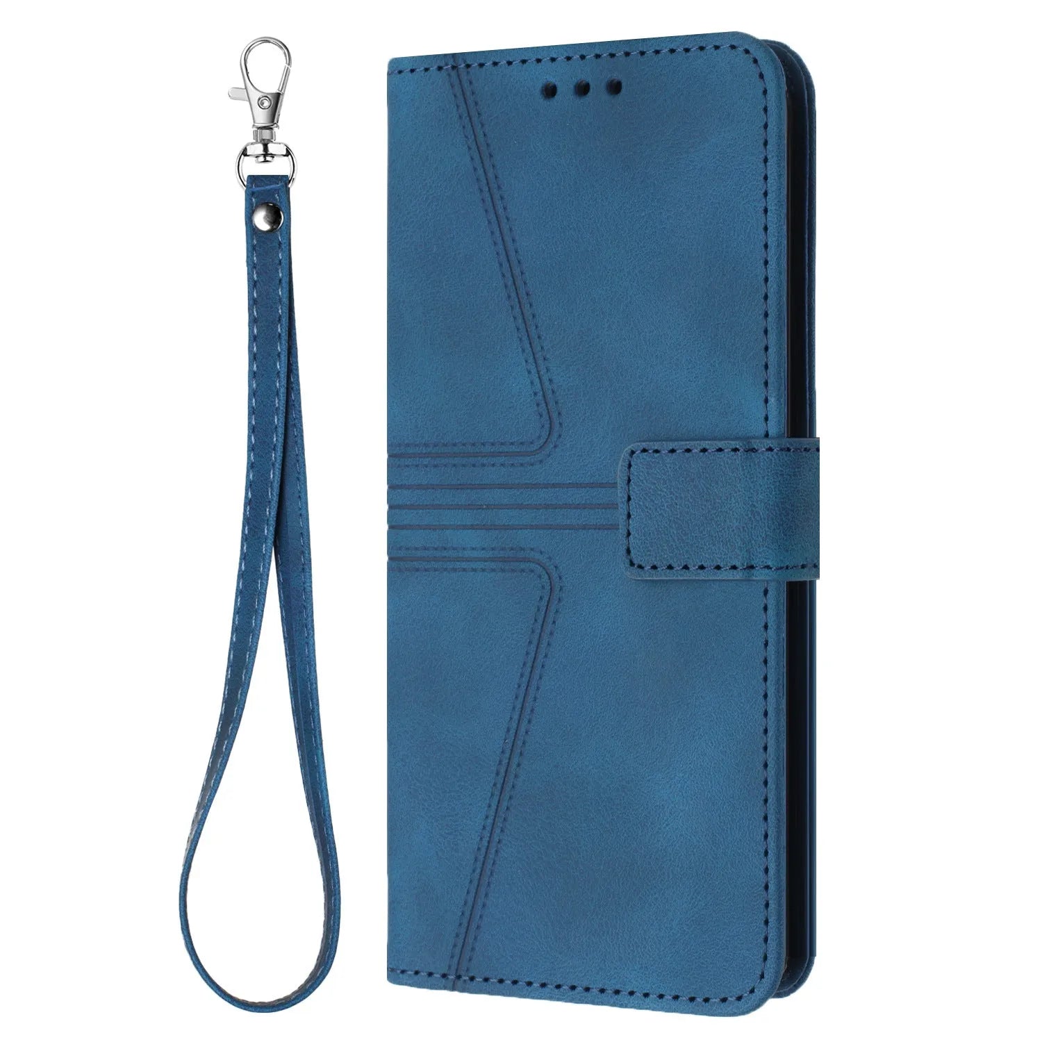 Blue geometric embossed flip card leather case for Samsung with short hand strap
