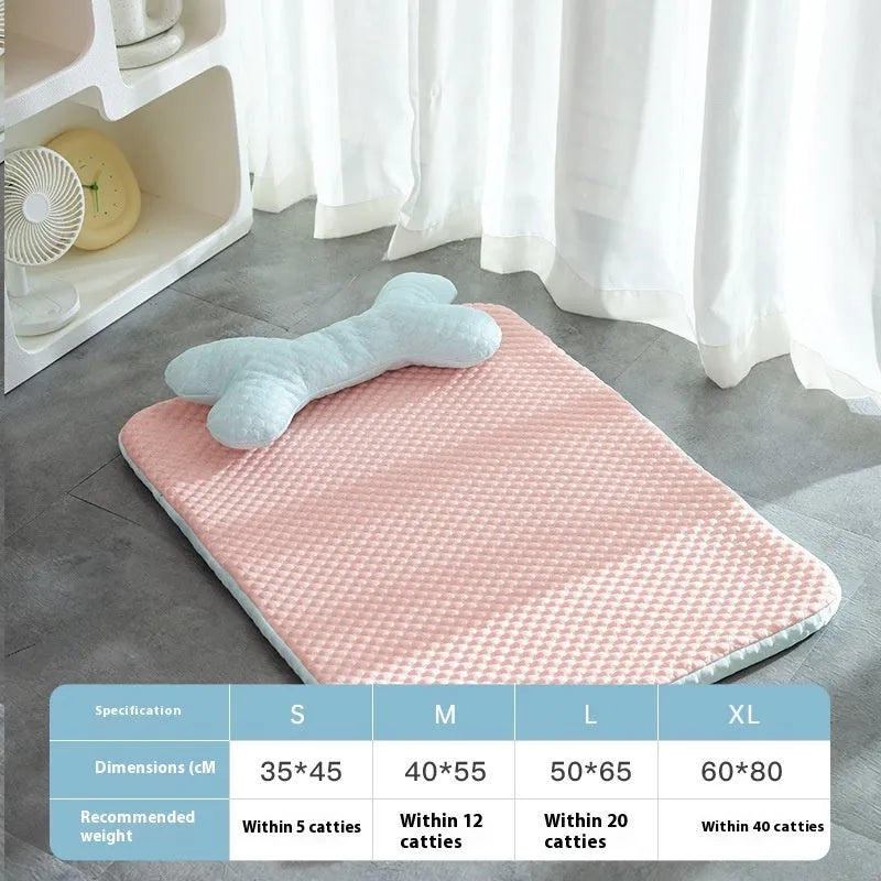 Pink dog cooling mat with ice bean fabric and mesh construction on a light background