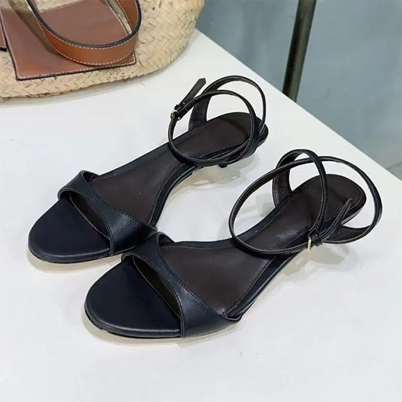 Women's leather French-style retro open toe sandals with kitten heel – cowhide upper, buckle closure, solid colour, size 35-39