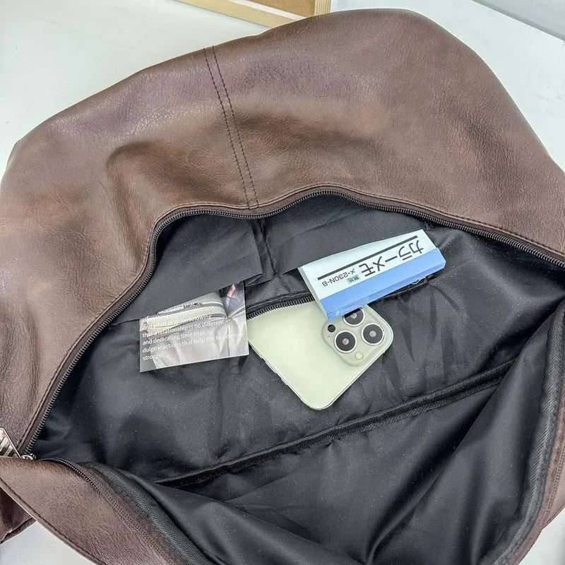 Brown men's retro-style crossbody bag made of PU leather with large capacity.