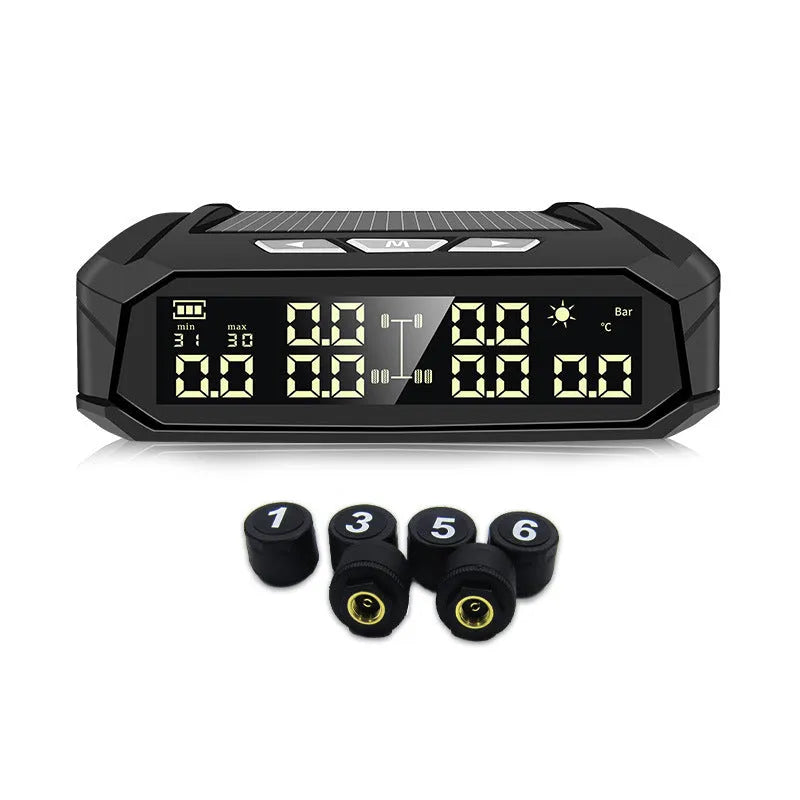 Solar tyre pressure monitor display unit with colour screen next to six external sensors for trucks.
