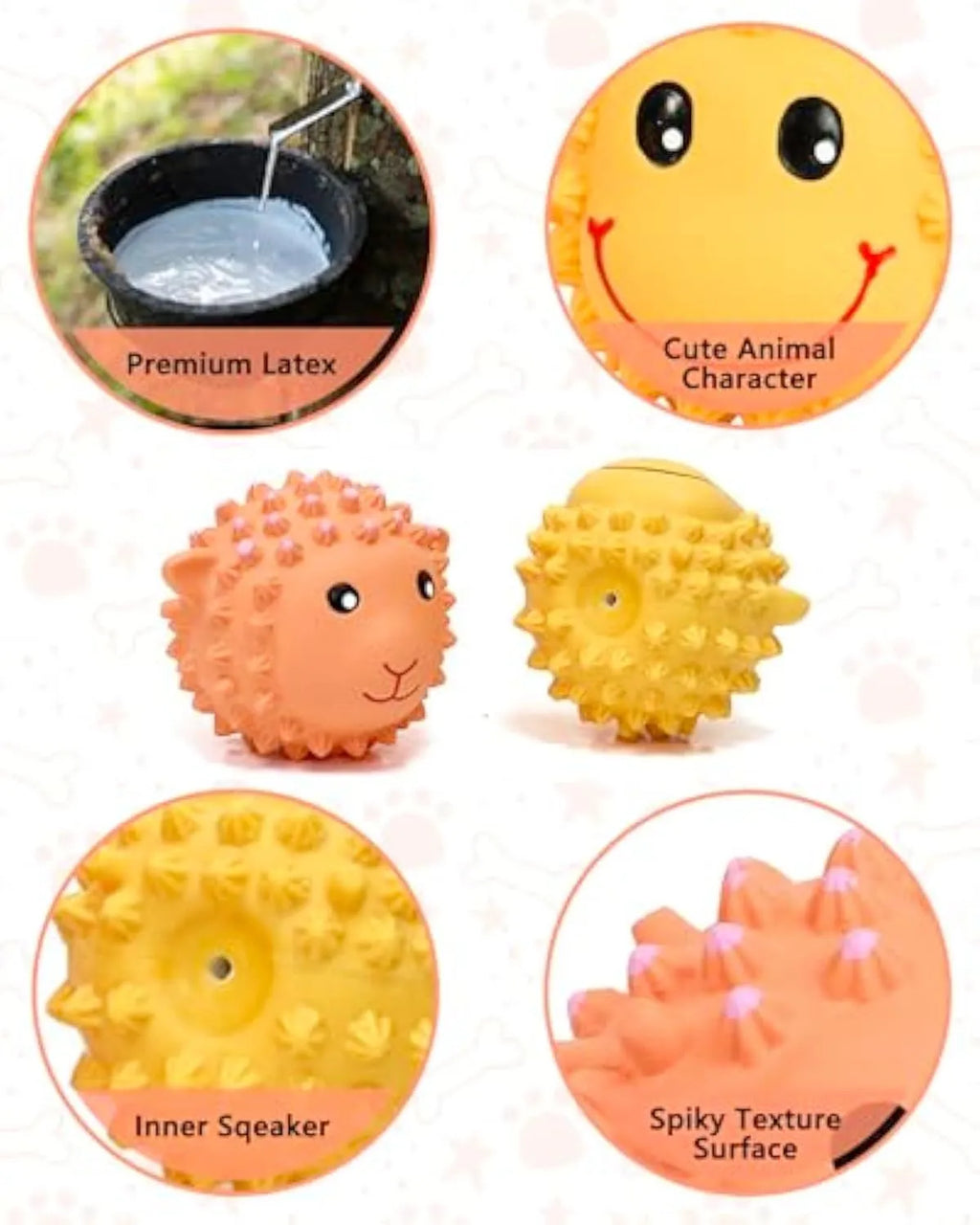 Orange and yellow spiky squeaky latex dog toy for small medium breeds.
