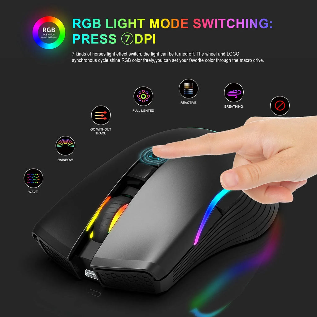 HXSJ black 2.4G wireless mouse with TYPE-C charging port and RGB lighting