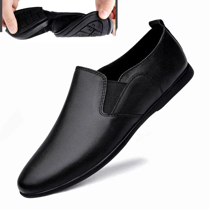 Men's black and brown leather business shoes with round toe design on size chart