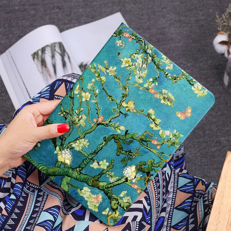 Handmade liquid silicone iPad flip case with floral oil painting design in Apricot Flower colour