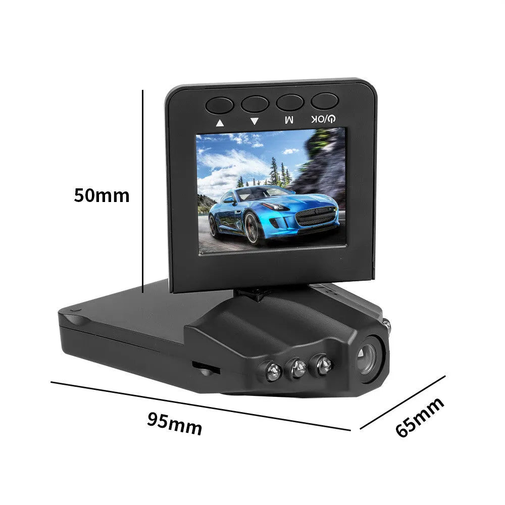 H198 car dash cam on a dashboard showing its 2.4-inch screen and infrared LEDs for night vision.