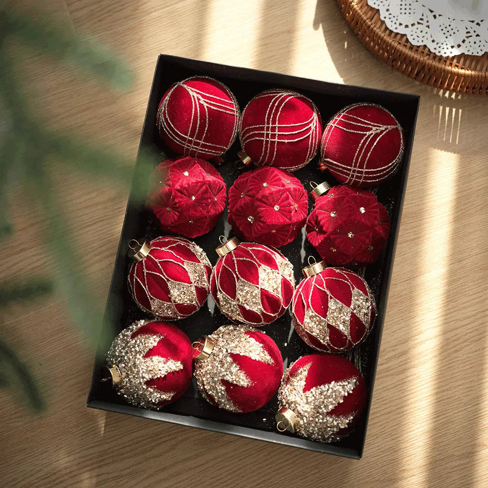 Twelve flocked Christmas ball pendants in wine red, milky white, and Maillard colour in a paper box