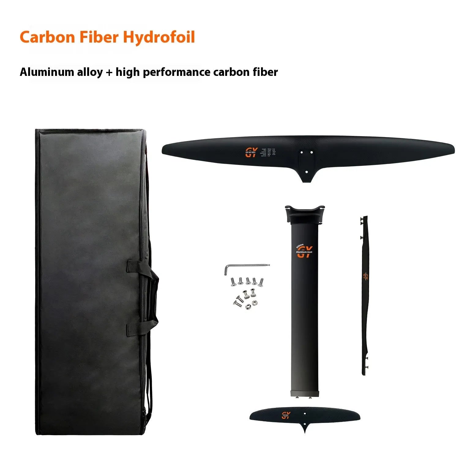 Black carbon fibre racing surf hydrofoil with aluminium alloy mast and 1051mm front wing