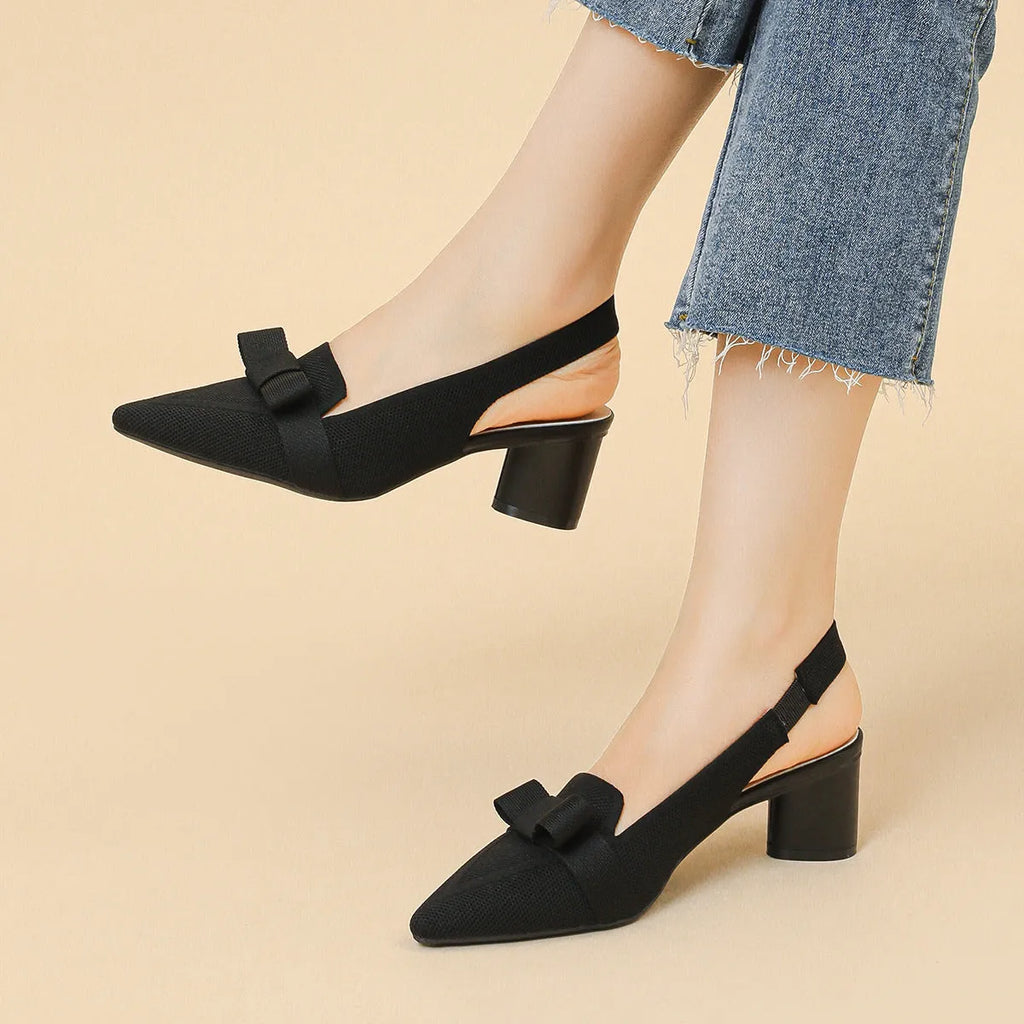 Women's closed toe bow high heel sandals with ankle buckle in various solid colour options