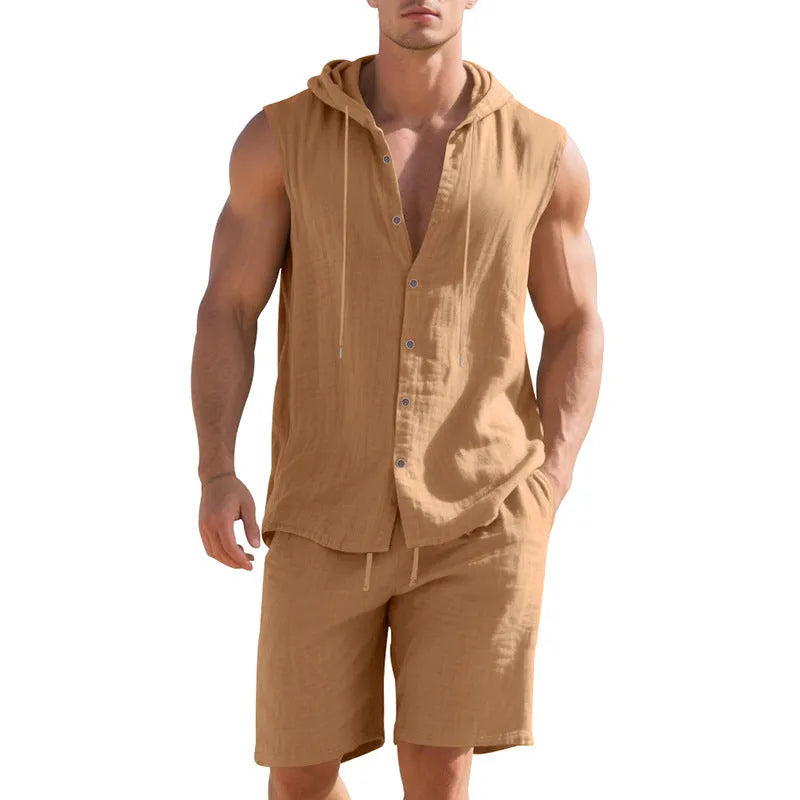Men's sleeveless linen shirt and shorts suit set on a hanger, shown in a light colour.