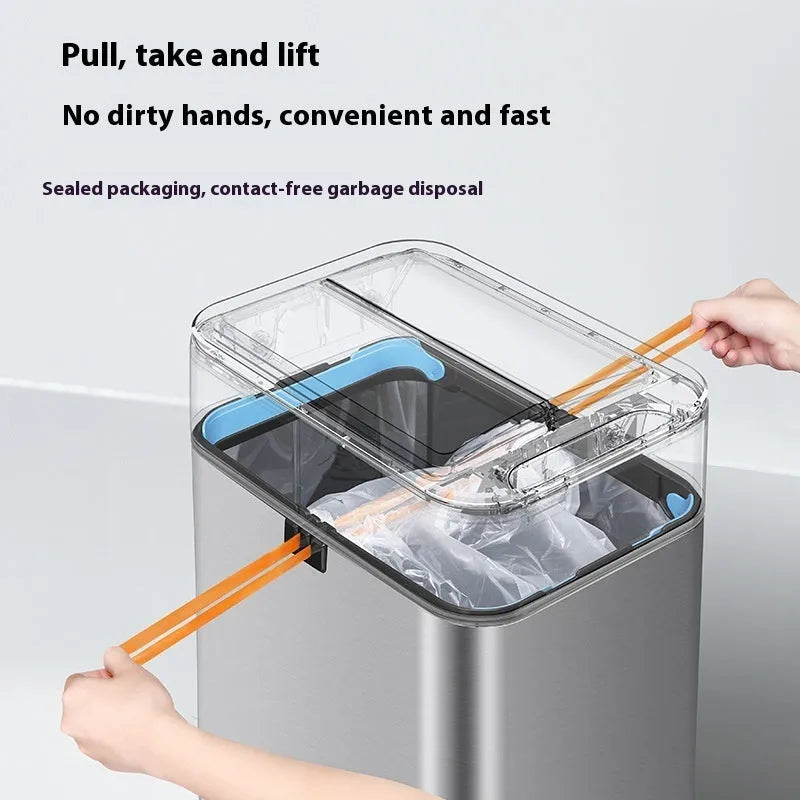 Stainless steel smart trash can with inductive opening and deodorant system in square bucket design