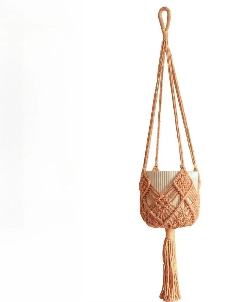 Hand-woven polyester cotton flower pot with net pocket extension cord in brown colour