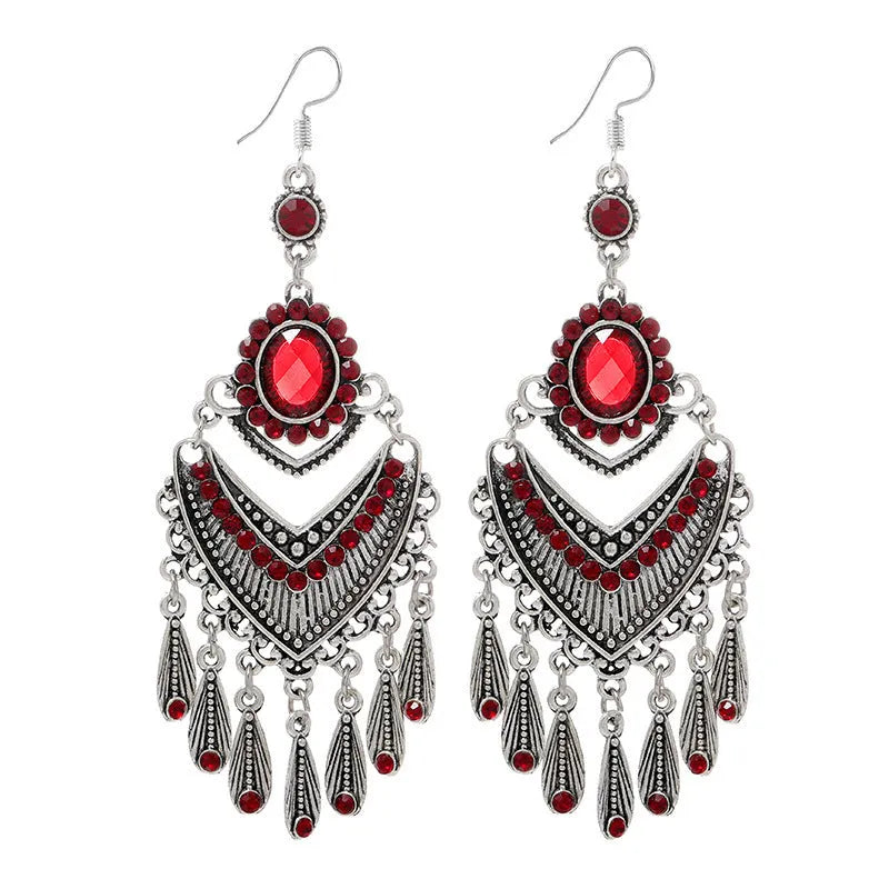 Retro long fringe drop earrings with crystals in smart water drop purple colour