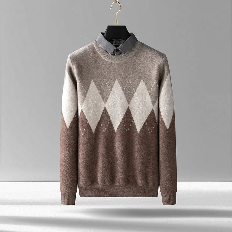 Men's diamond block imitation mink bottoming shirt in camel color for casual leisure wear