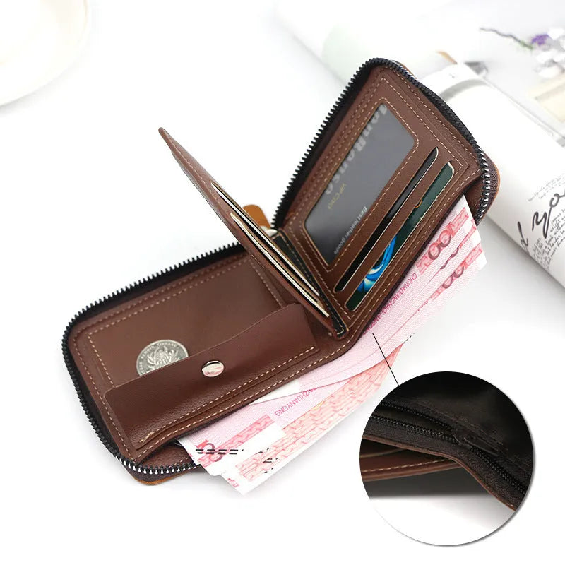 Men's short zipper coin purse in PU leather, available in black, dark brown, and light brown