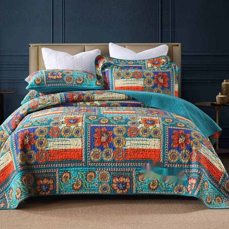 Quilted pure cotton bed cover and pillowcase set in a checked pattern on a double bed.