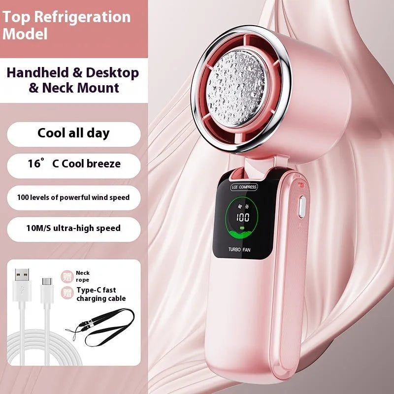 Handheld electric fan with neck strap shown in blue colour, featuring a folding design and USB port.
