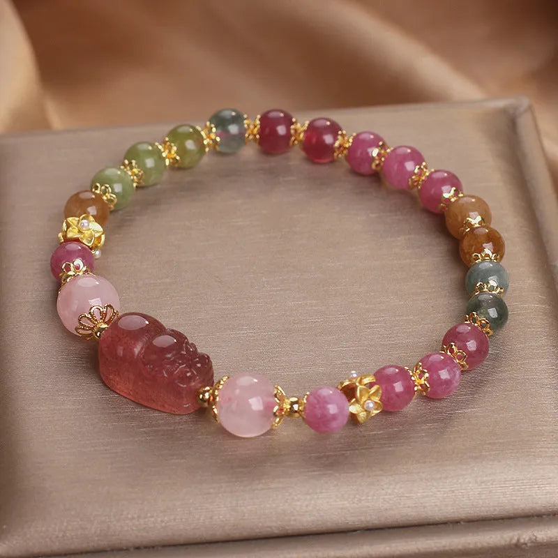 Women's pink and red strawberry quartz tourmaline Pi Xiu bracelet with electroplated finish