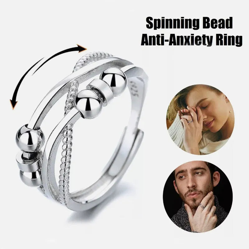 Rotatable copper ring with open design double-layered hollow line construction in platinum colour geometric shape