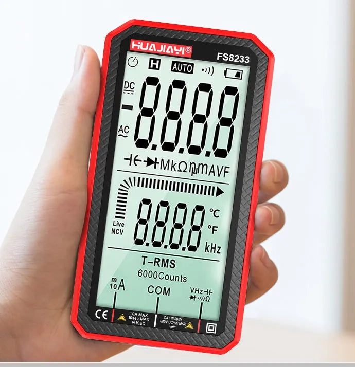 Handheld digital multimeter with large LCD screen showing measurement display