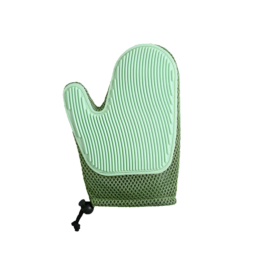 Mesh and TPR pet grooming glove for cats and dogs on a hand, showing textured surface.
