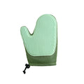 Mesh and TPR pet grooming glove for cats and dogs on a hand, showing textured surface.
