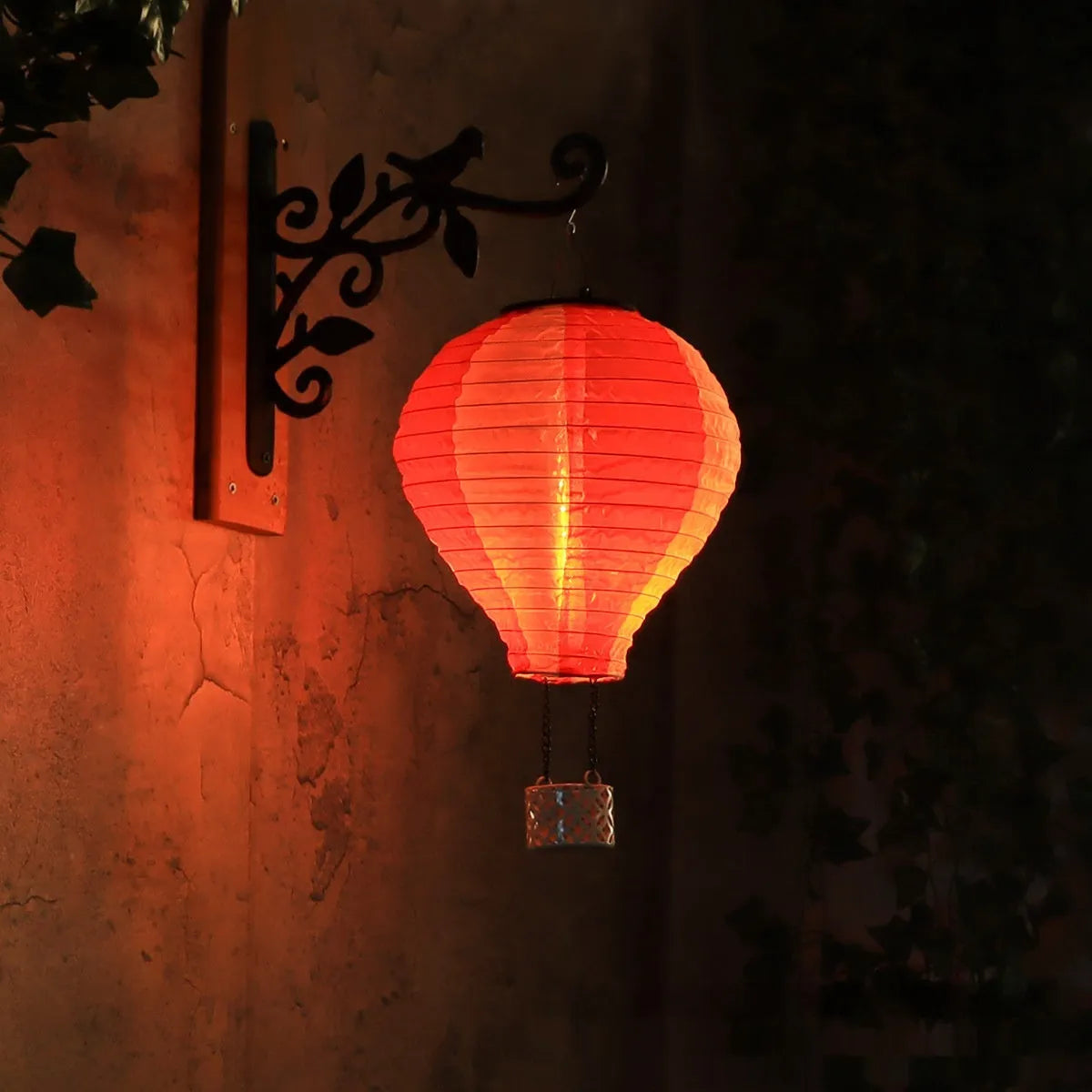 Solar hot air balloon lantern lawn lamp with silk cloth shade, IP44, available in pink red, blue green 21x40, yellow blue.