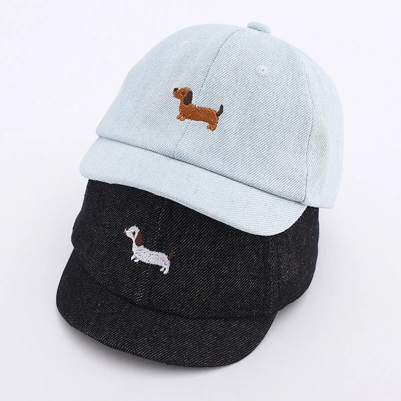 Baby denim baseball cap with puppy patch in light blue, dark blue, and black colour options.
