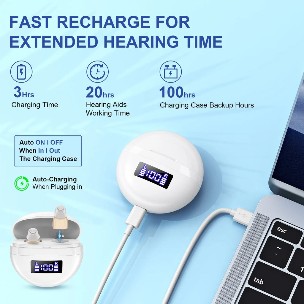 White skin noise reduction hearing aid with digital display and magnetic charging base
