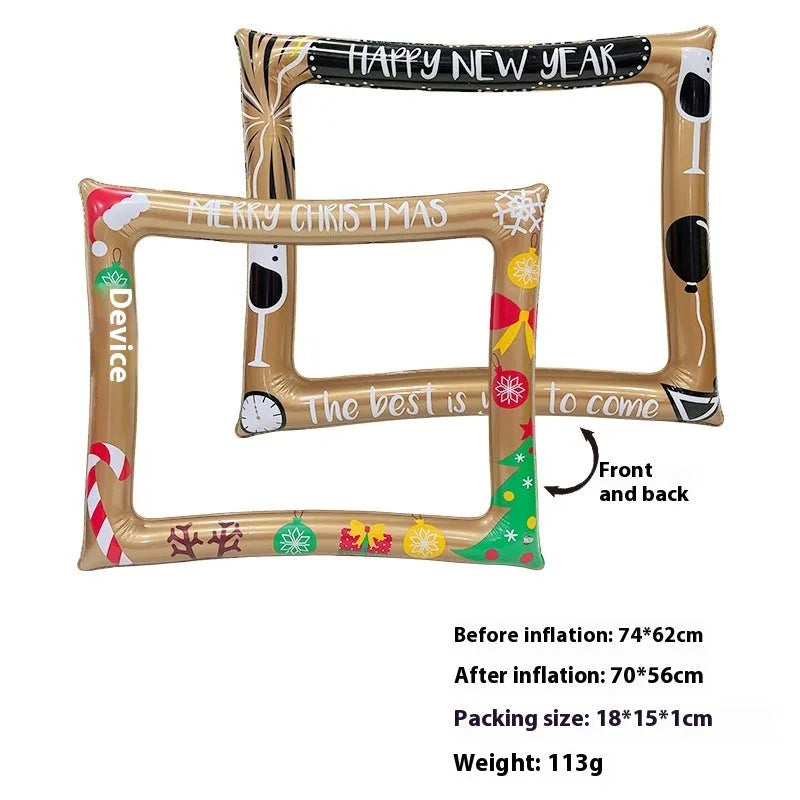 Large red and green Christmas inflatable photo frame prop on white background