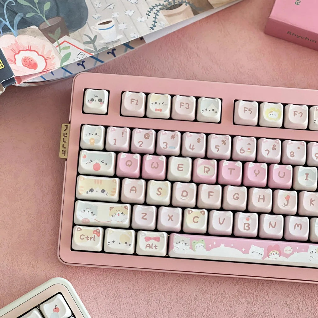 Meow Meow Team mechanical keyboard keycap set showing 141 plastic keys with sublimation printing on all sides