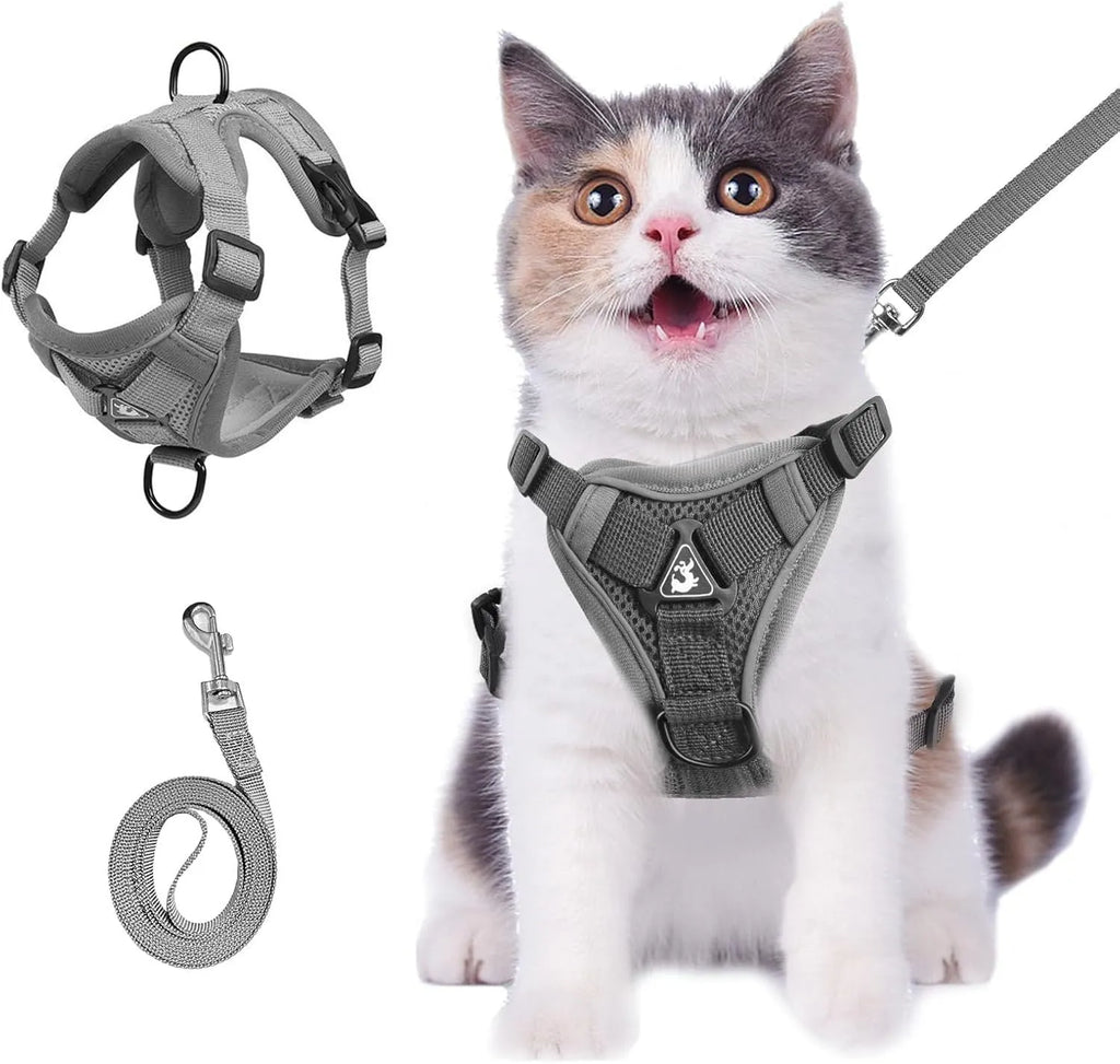 Adjustable mesh cat harness with reflective strips in Blue, Coffee, or Gray colours