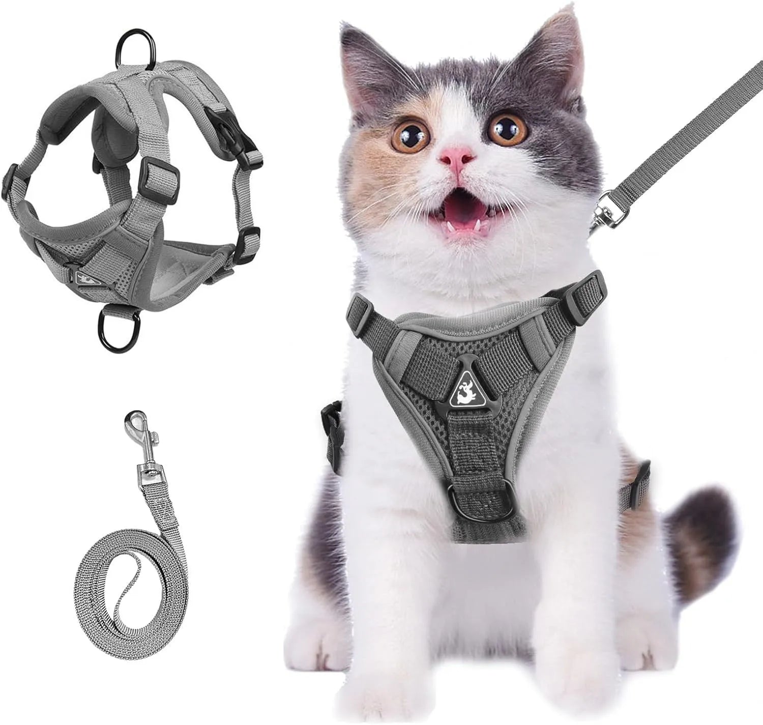 Adjustable mesh cat harness with reflective strips in Blue, Coffee, or Gray colours
