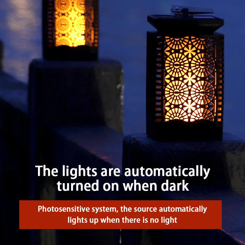 Solar-powered retro-style flame garden light with ground spike for outdoor patio use