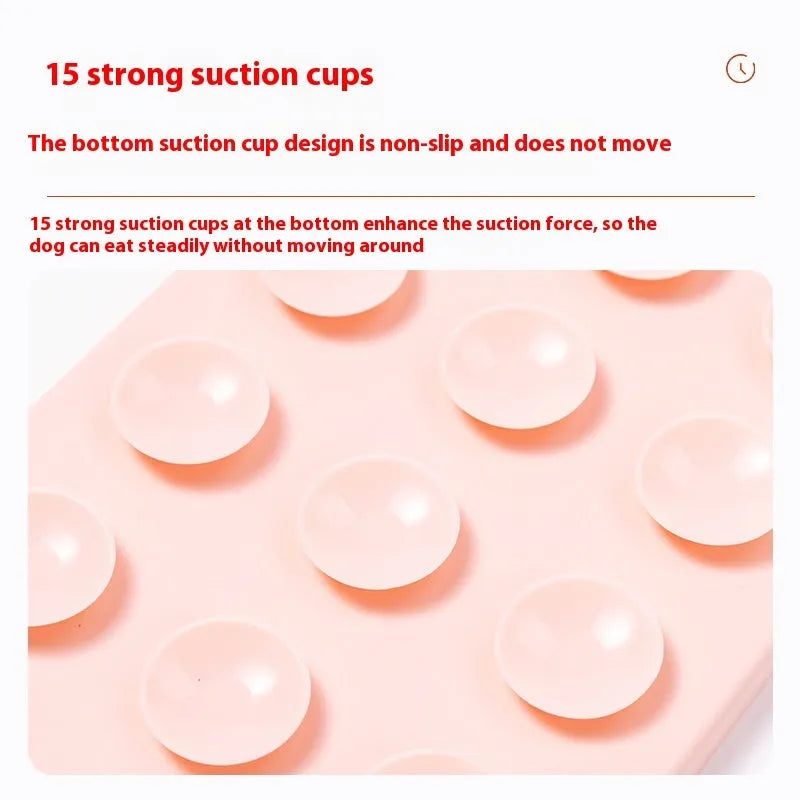 Silicone pet licking mat with textured surface and suction cup base in grey, khaki, or pink colour.
