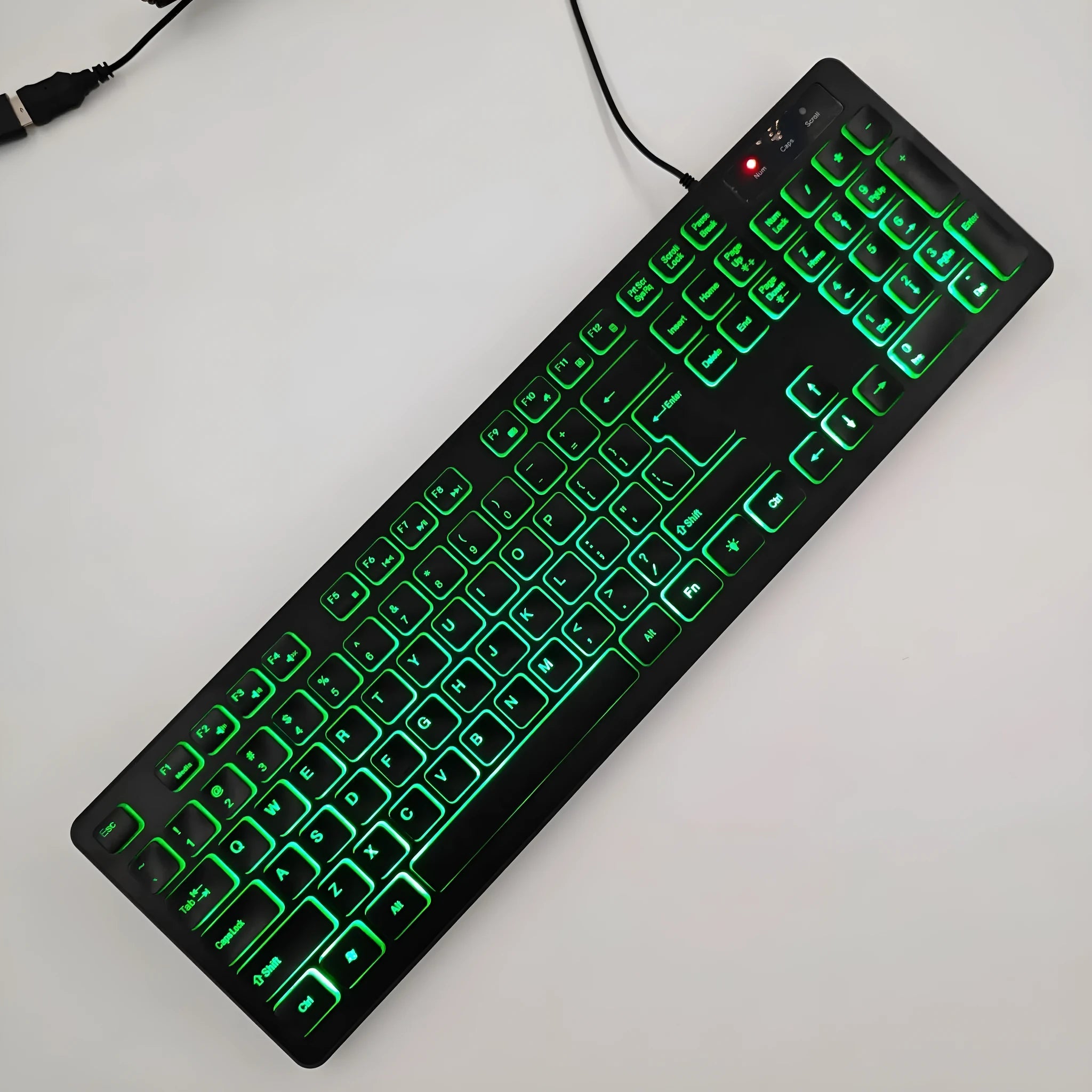 USB wired plastic keyboard with backlight and multilingual key legends in low light