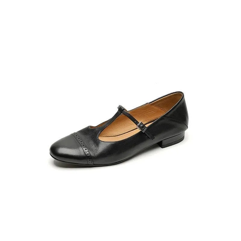 Women's T-shaped buckle cowhide round toe wedge flats in solid colour, high mouth design, brown colour option