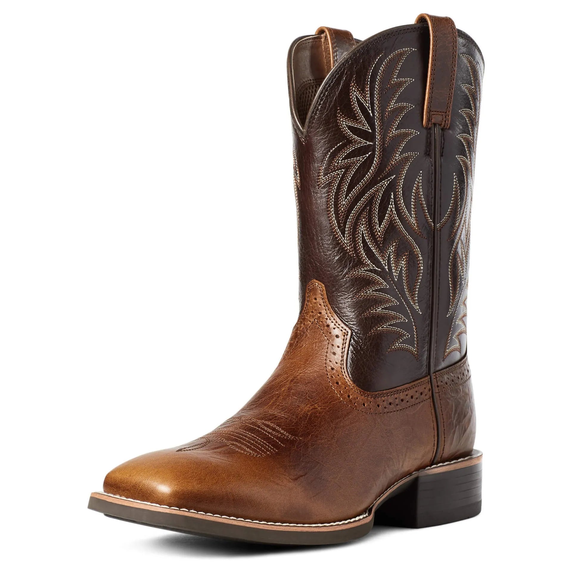 Black men's cowboy boots with detailed embroidery and stitching, square toe, and a low horseshoe heel.